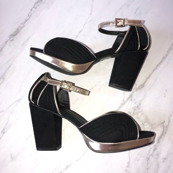 Ecote Shoes - Ecote Heels Black & Gold Peep Toe Suede Platform Party Trendy Retro
